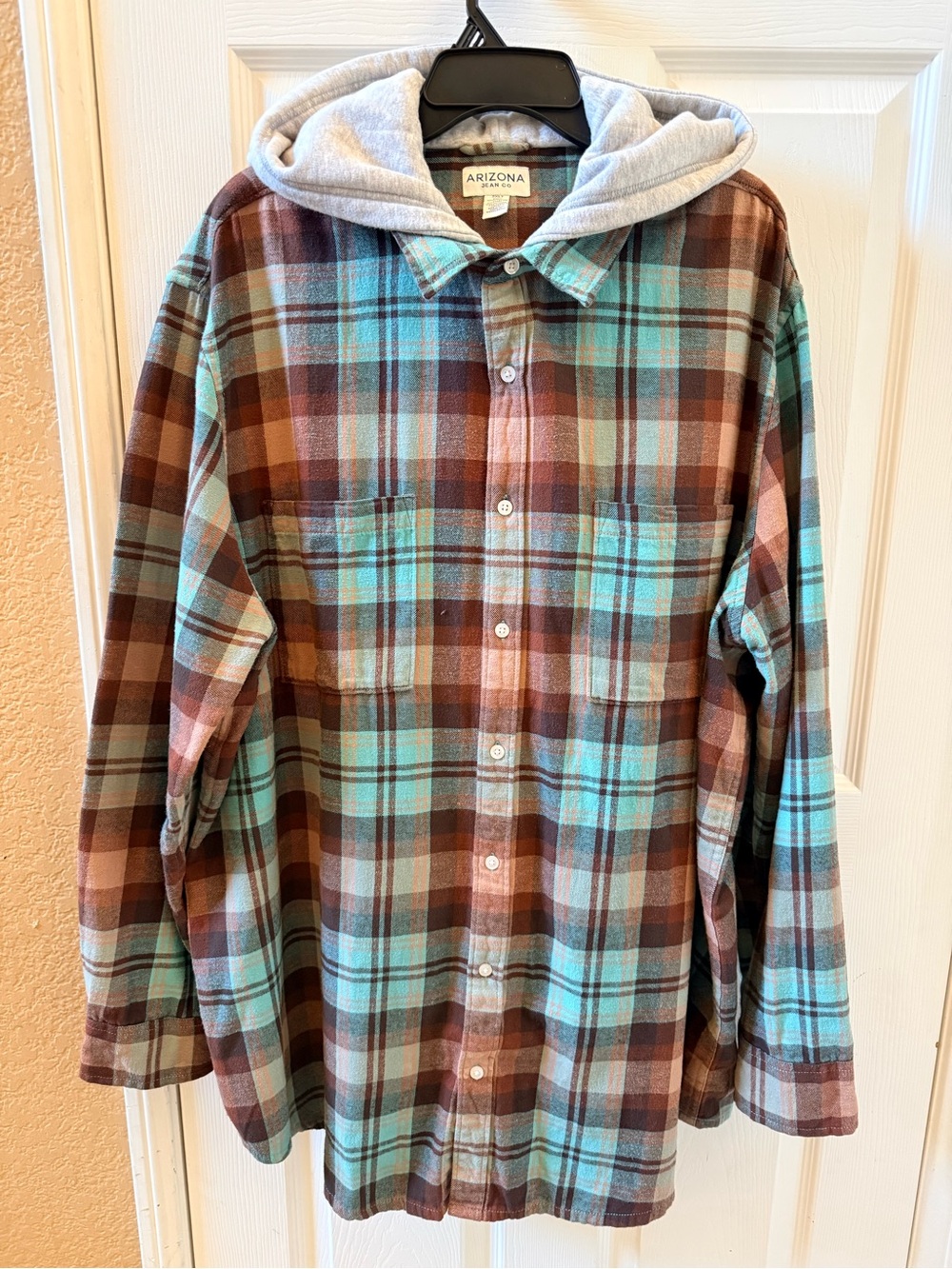 Arizona Jean Company Brown & Teal Plaid Hooded Button-Up Shirt size 2XLT